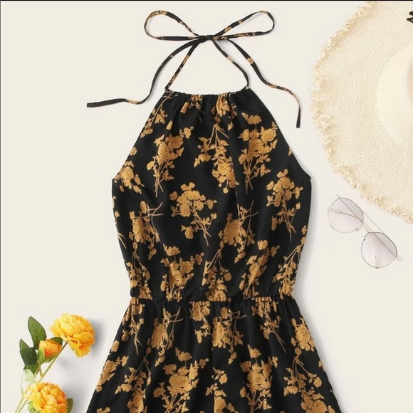 SHEIN Pants - NWT SHEIN: XS Black & Gold Floral Tie Up Romper